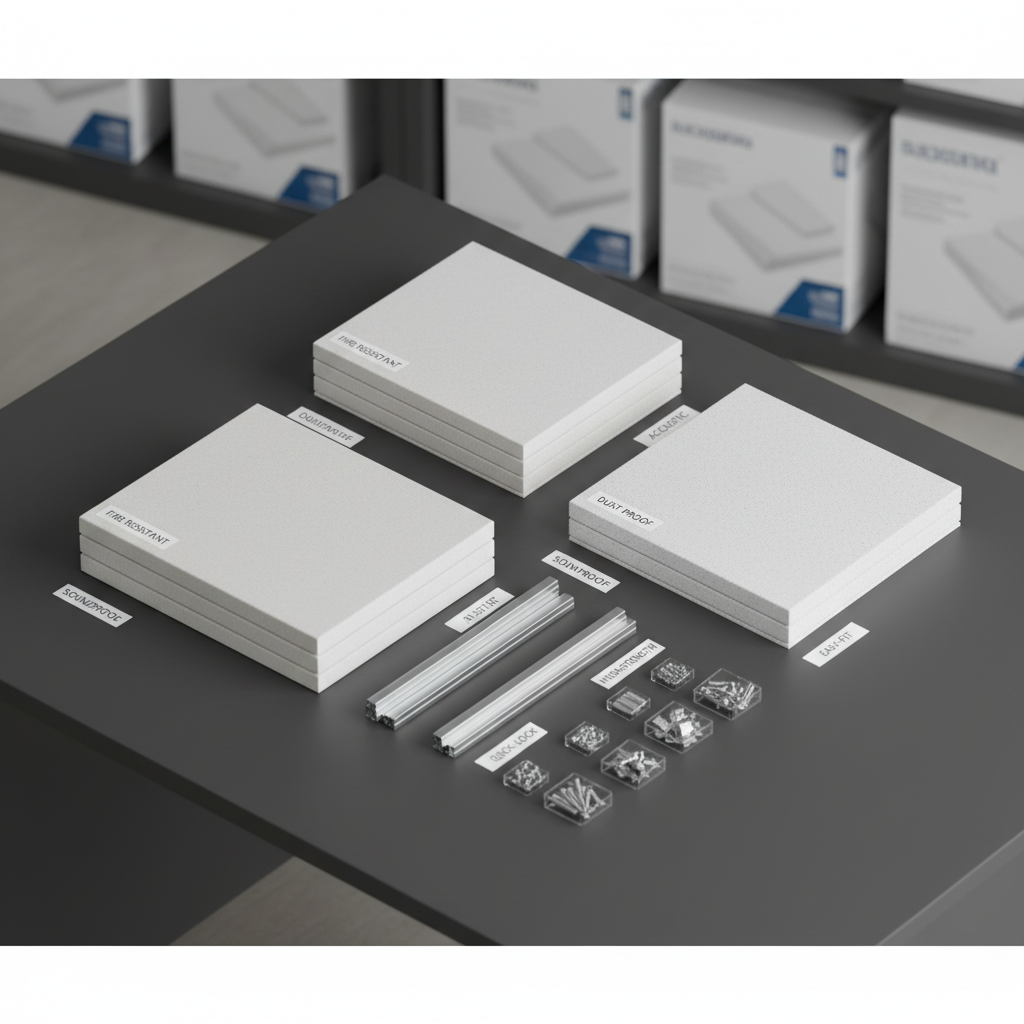 An isometric tabletop layout showcasing a complete building material solution set: neatly arranged lightweight wall panels, matching ceiling tiles, slim metal profiles, and precision fasteners. Each component is labeled with small, elegant printed tags indicating features like “fire resistant,” “dust proof,” and “custom sizing.” The items rest on a smooth, dark charcoal surface in a bright office sample room, with shelves of neatly stacked product boxes softly blurred in the distance. Overhead neutral-white studio lighting provides even illumination, creating subtle reflections on metal edges and soft highlights on panel faces. Photographic realism, shot from a slightly elevated angle with sharp focus and balanced composition. The mood is organized, trustworthy, and technical, ideal for a professional product overview image on a construction decoration website.