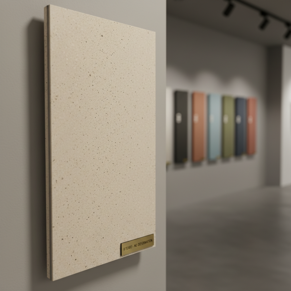 A close-up view of a single decorative building panel mounted on an interior showroom wall, its surface featuring a subtle stone-like texture in warm light beige with fine speckles. The panel’s ultra-thin profile and perfectly smooth joint to the adjacent panel demonstrate lightweight yet strong construction. Soft, even studio lighting grazes across the surface from the left, revealing micro-textures without harsh contrast. The background is a minimalist space with neutral gray floor and a blurred row of sample boards in varying colors. Photographic realism, shot from a slightly angled side perspective using shallow depth of field to keep the main panel in sharp focus. The atmosphere is modern and professional, emphasizing quality finish, custom color options, and long-term stability over eight years without deformation.