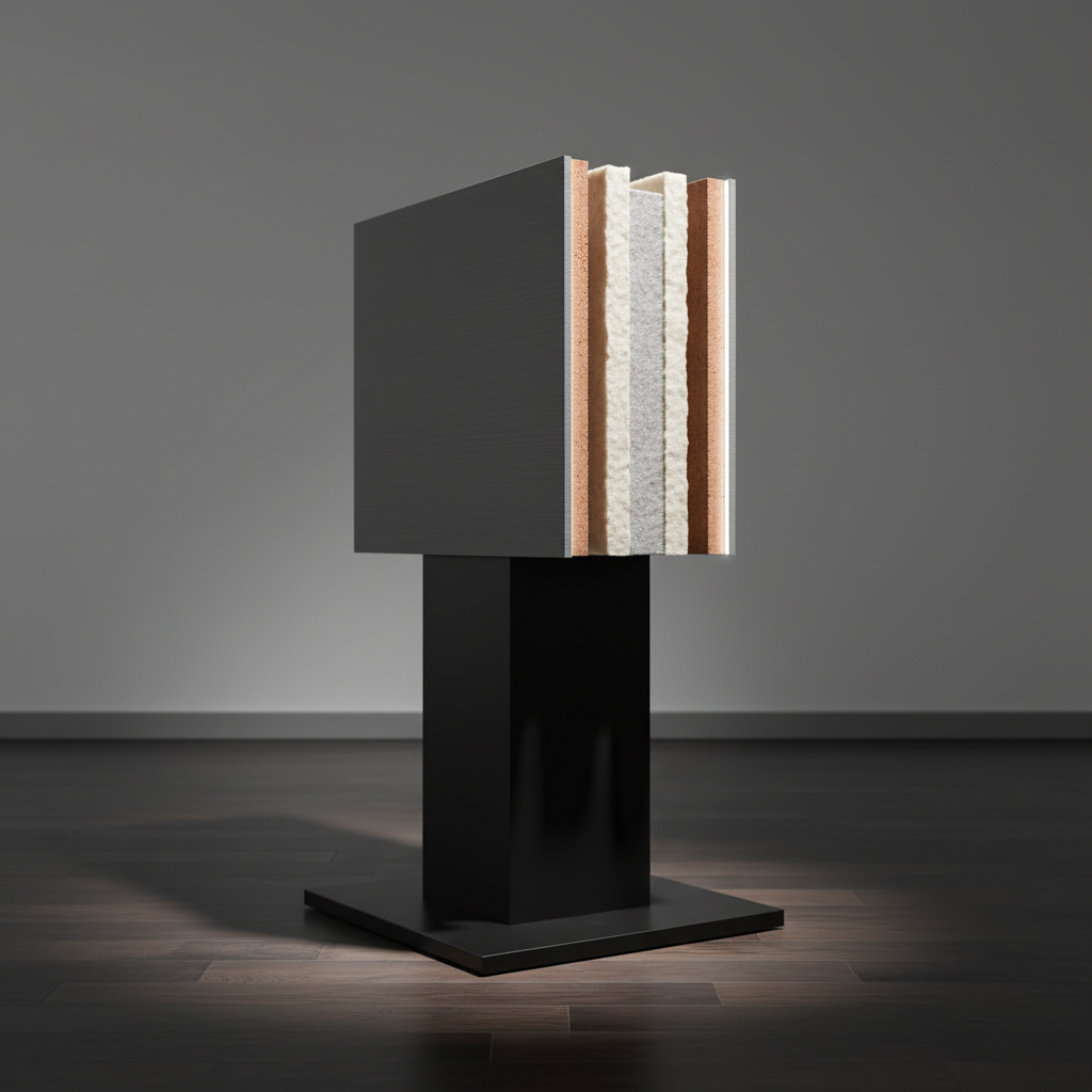 A cross-section display of a lightweight structural wall system mounted on a black pedestal, showing layered components: decorative outer panel, insulating core, and fire-resistant inner board, all precisely cut to reveal internal structure. Fine textures in each layer—smooth outer surface, slightly fibrous core, dense inner board—are clearly visible. The display stands in a sleek showroom with dark wood flooring and a neutral gray backdrop, intentionally minimal to keep focus on the product. A focused spotlight from above and slightly behind creates a dramatic rim light along the cut edges, casting a crisp shadow on the pedestal. Photographic realism with a professional, technical aesthetic, captured at eye level with a moderate depth of field. The mood is authoritative and innovative, highlighting performance, engineering, and long-term stability.