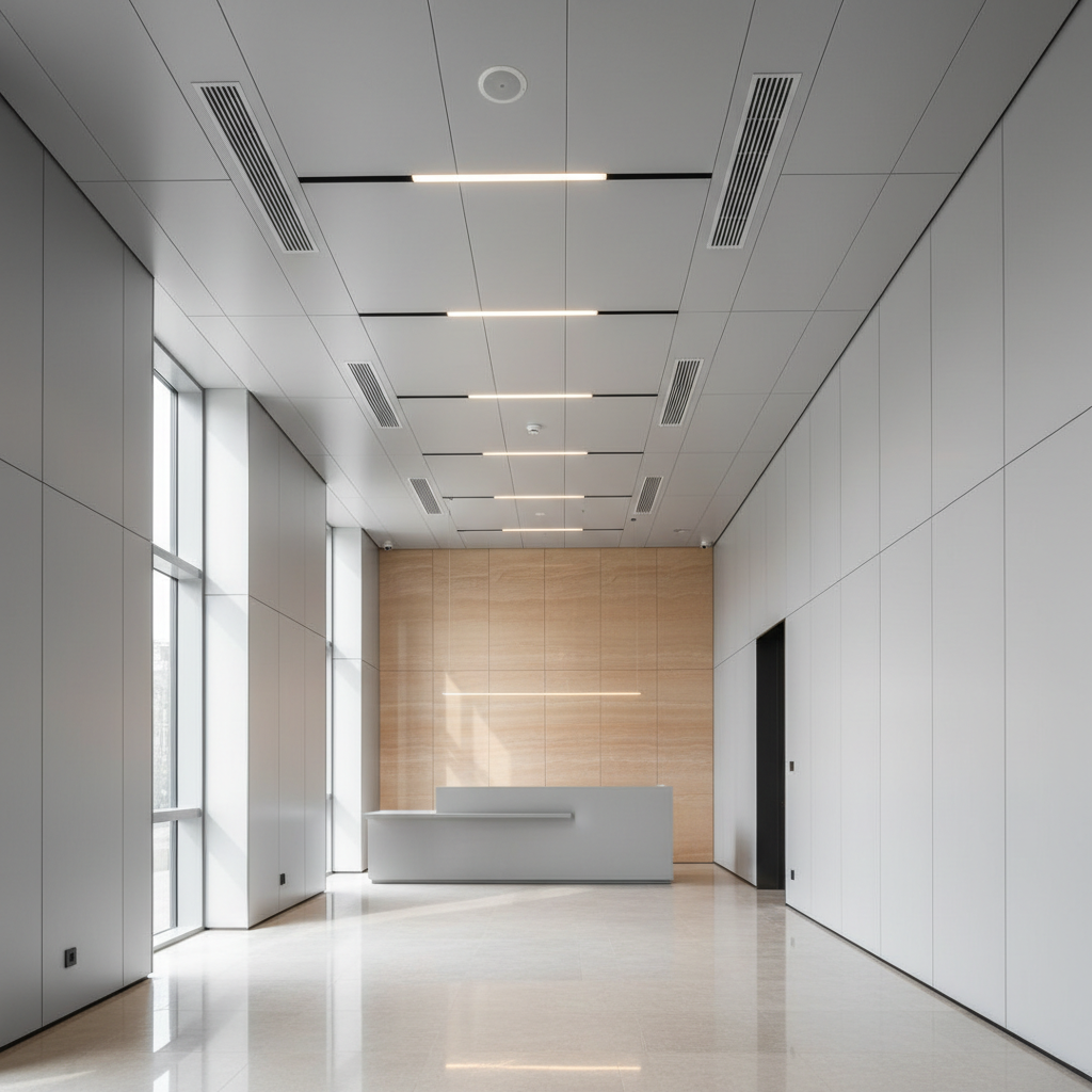 A modern office lobby interior fully finished with Oudianlong building materials: expansive light gray wall panels with nearly invisible seams, a matching suspended ceiling with linear slot diffusers, and a feature wall in custom warm sandstone color behind a reception counter silhouette. The space is empty of people, emphasizing materials and detailing. Large floor-to-ceiling windows on one side flood the area with soft daylight, creating gentle gradients of light across the panel surfaces and demonstrating their dust-resistant smoothness. The polished stone floor reflects subtle highlights from recessed ceiling lights. Photographic realism, shot from a wide-angle, slightly elevated perspective with sharp focus throughout. The mood is refined, professional, and inviting, showcasing flexible customization, precise installation, and the high-end decorative effect of the building materials.
