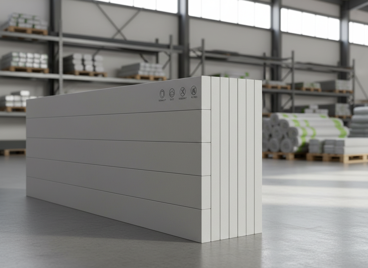A stack of lightweight, high-strength architectural wall panels made from pale gray composite material with a subtle matte finish, edges perfectly aligned to show precision engineering. The panels rest on a clean concrete floor in a bright, modern warehouse, with organized racks of building materials softly blurred in the background. Diffused daylight pours in from high clerestory windows, creating gentle, crisp shadows that emphasize the panels’ slim thickness and rigidity. Photographic realism with a professional, clean aesthetic, shot at eye level with a slight three-quarter angle and sharp focus throughout. The mood is reliable and technical, highlighting durability, dust resistance, and fire safety through small printed performance icons on the nearest panel’s surface.